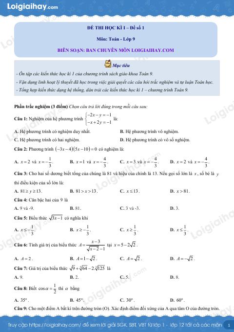 Đề thi học kì 1 Toán 9 - Đề số 1